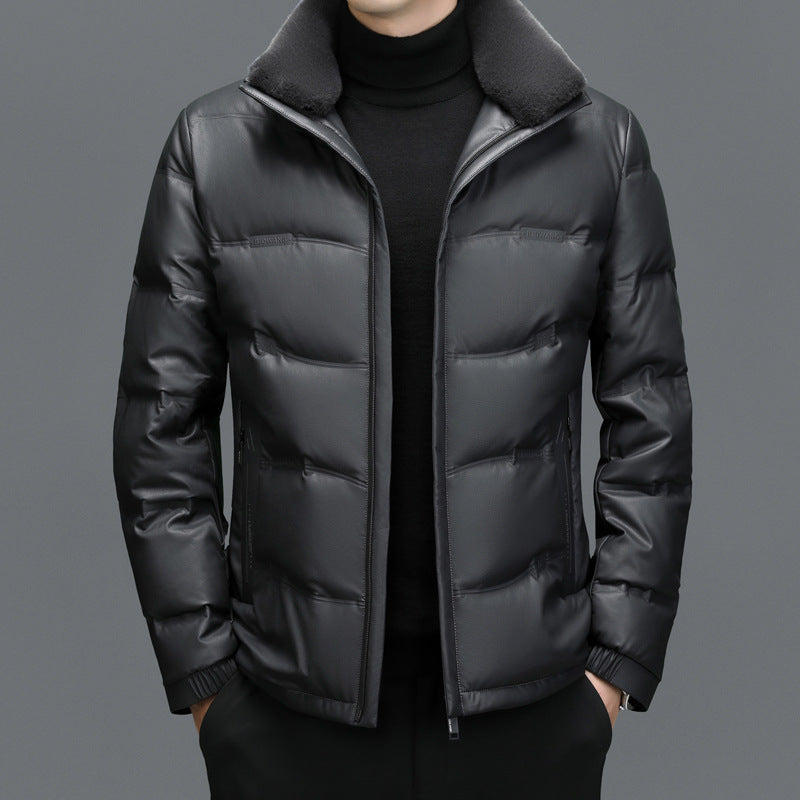 Men's Fleece-Lined Sheepskin Down Jacket with Stand Collar