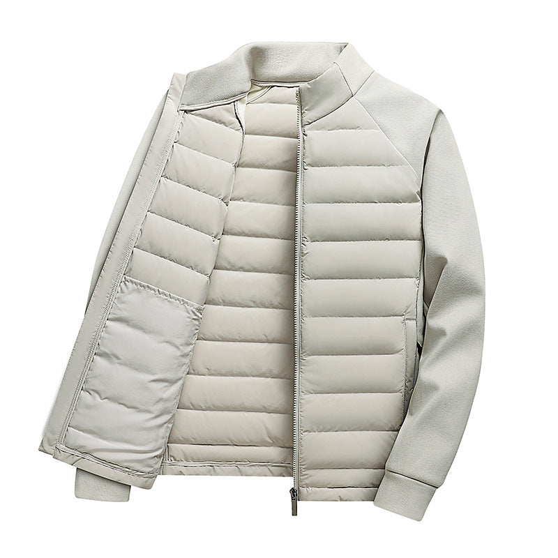 Knit Spliced Men's Down Jacket with Stand Collar