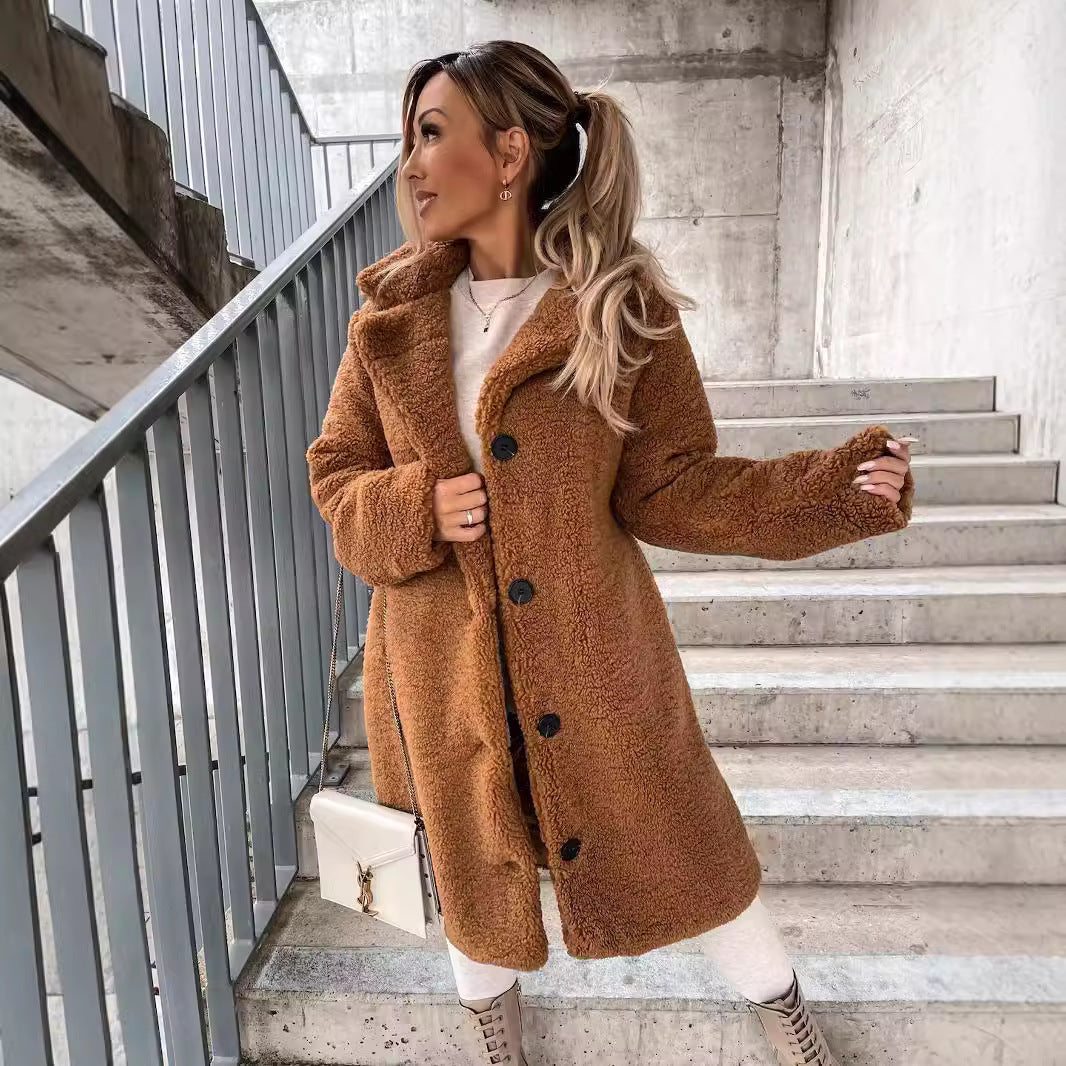 Long Sleeve Lapel Women's Plush Jacket Long Coat
