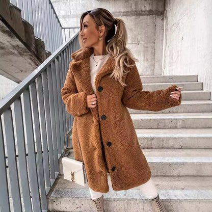Long Sleeve Lapel Women's Plush Jacket Long Coat