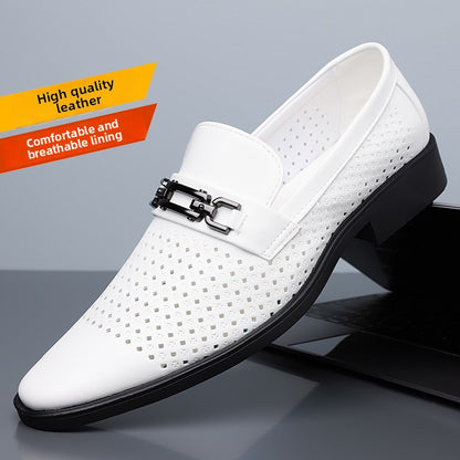 Men's Breathable Hollow Leather Shoes with Metal Buckle
