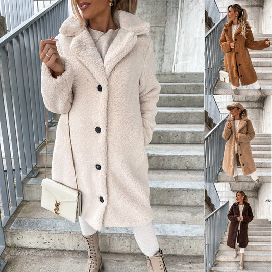 Long Sleeve Lapel Women's Plush Jacket Long Coat