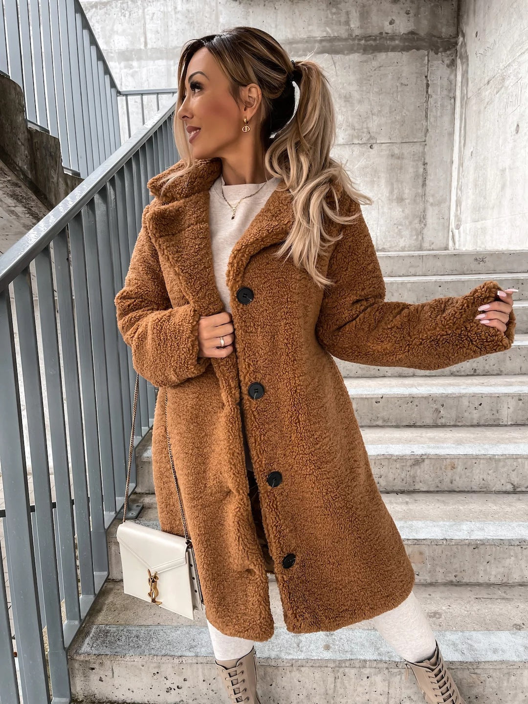 Long Sleeve Lapel Women's Plush Jacket Long Coat