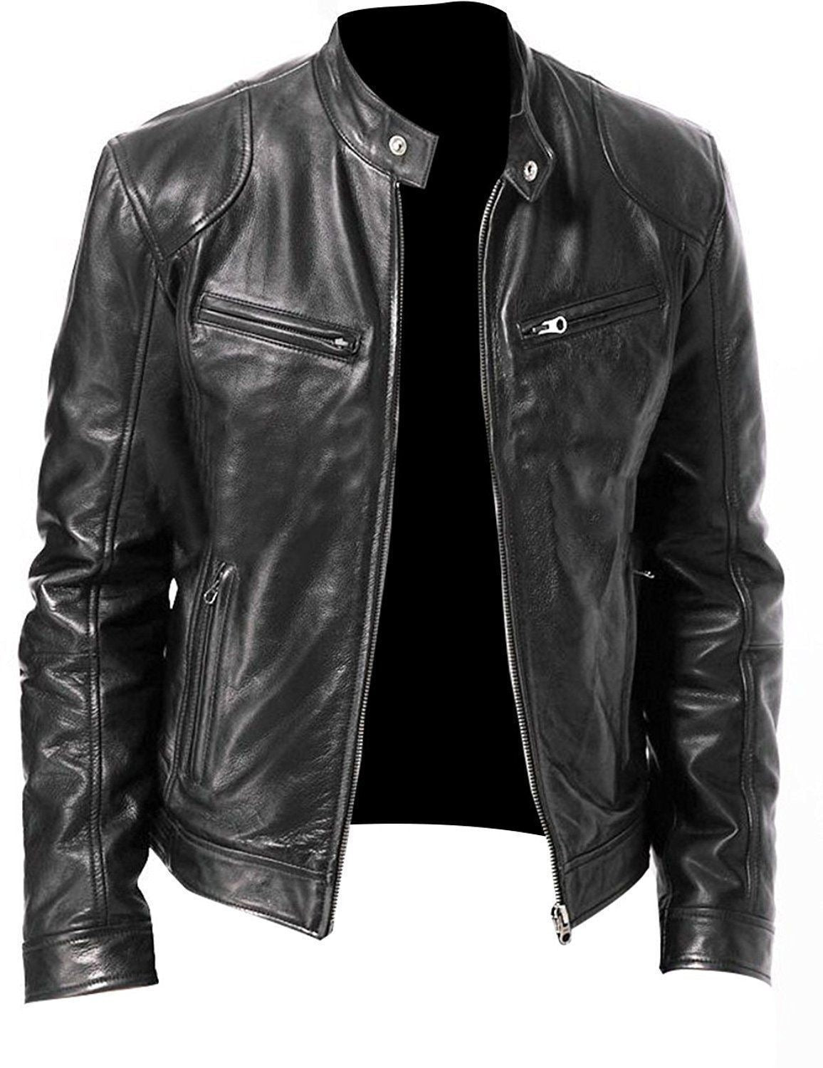 Mens Slim Fit PU Leather Biker Jacket with Zipper Pocket