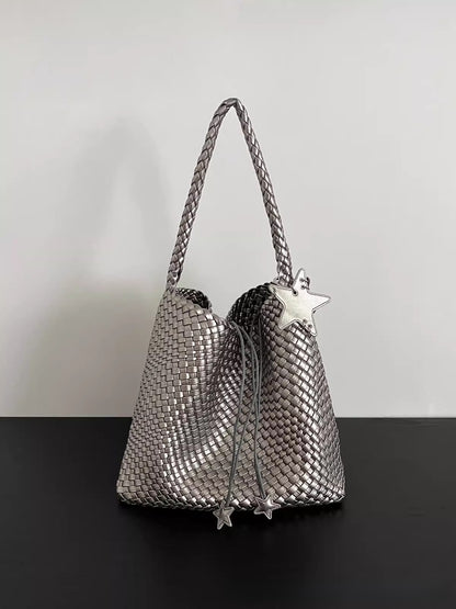 Champagne-colored woven tote bag