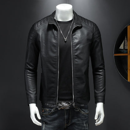 Men's Slim Fit PU Leather Jacket Stand Collar Zipper Coat