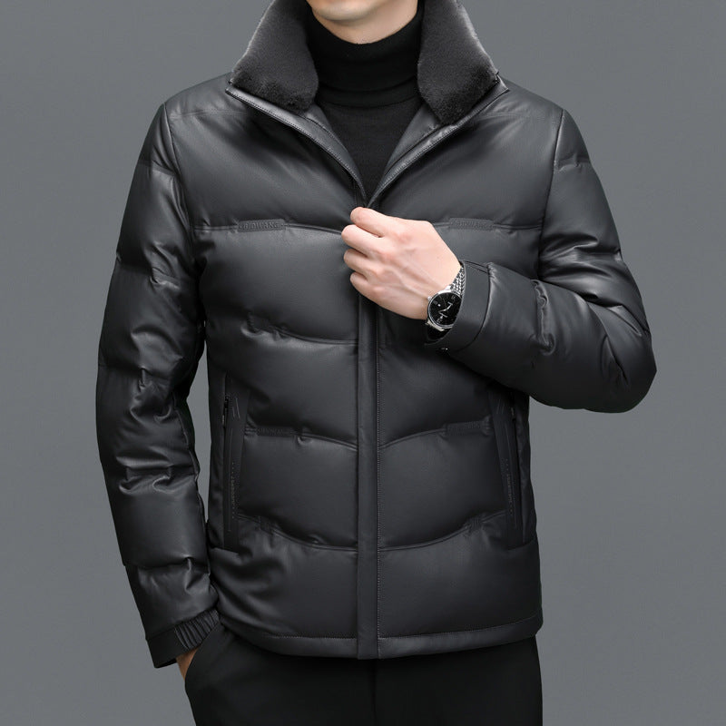 Men's Fleece-Lined Sheepskin Down Jacket with Stand Collar