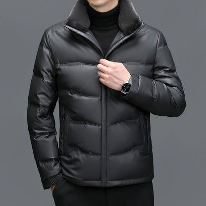 Men's Fleece-Lined Sheepskin Down Jacket with Stand Collar