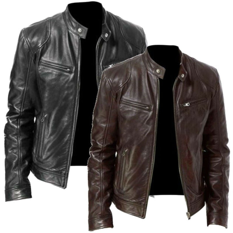 Mens Slim Fit PU Leather Biker Jacket with Zipper Pocket