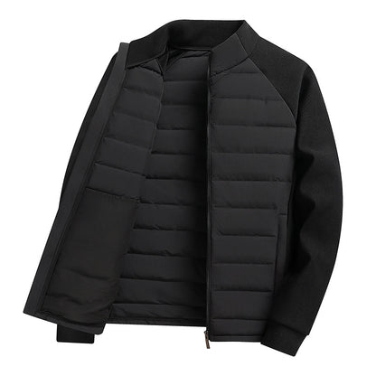 Knit Spliced Men's Down Jacket with Stand Collar