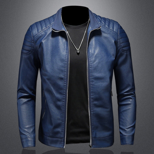 Men's Slim Fit PU Leather Jacket Stand Collar Zipper Coat