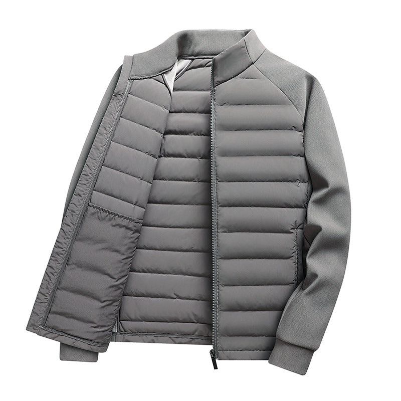 Knit Spliced Men's Down Jacket with Stand Collar