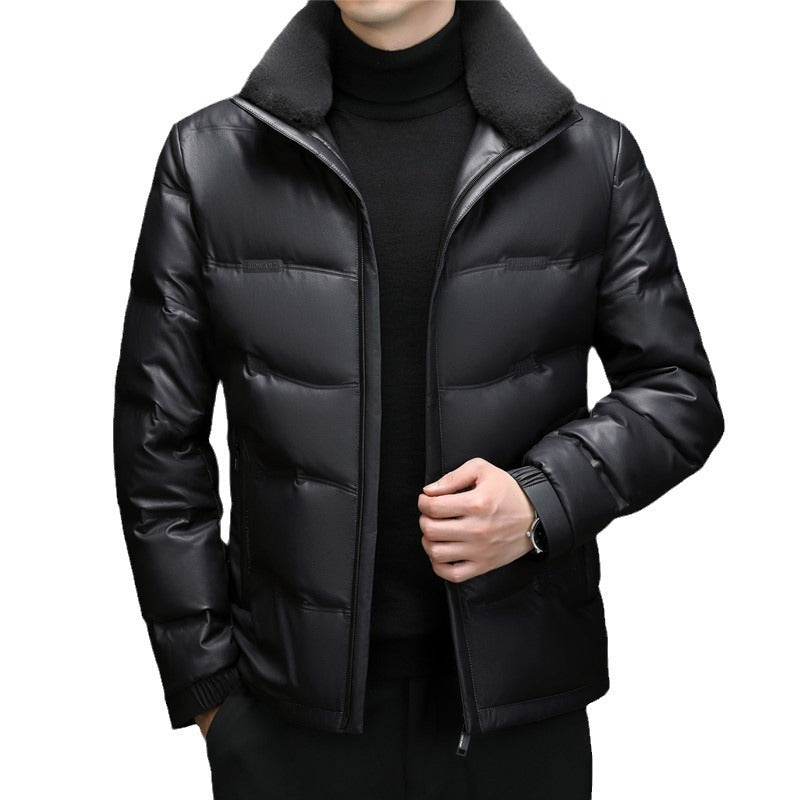 Men's Fleece-Lined Sheepskin Down Jacket with Stand Collar