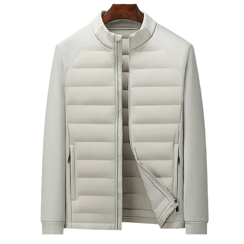 Knit Spliced Men's Down Jacket with Stand Collar
