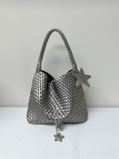 Champagne-colored woven tote bag