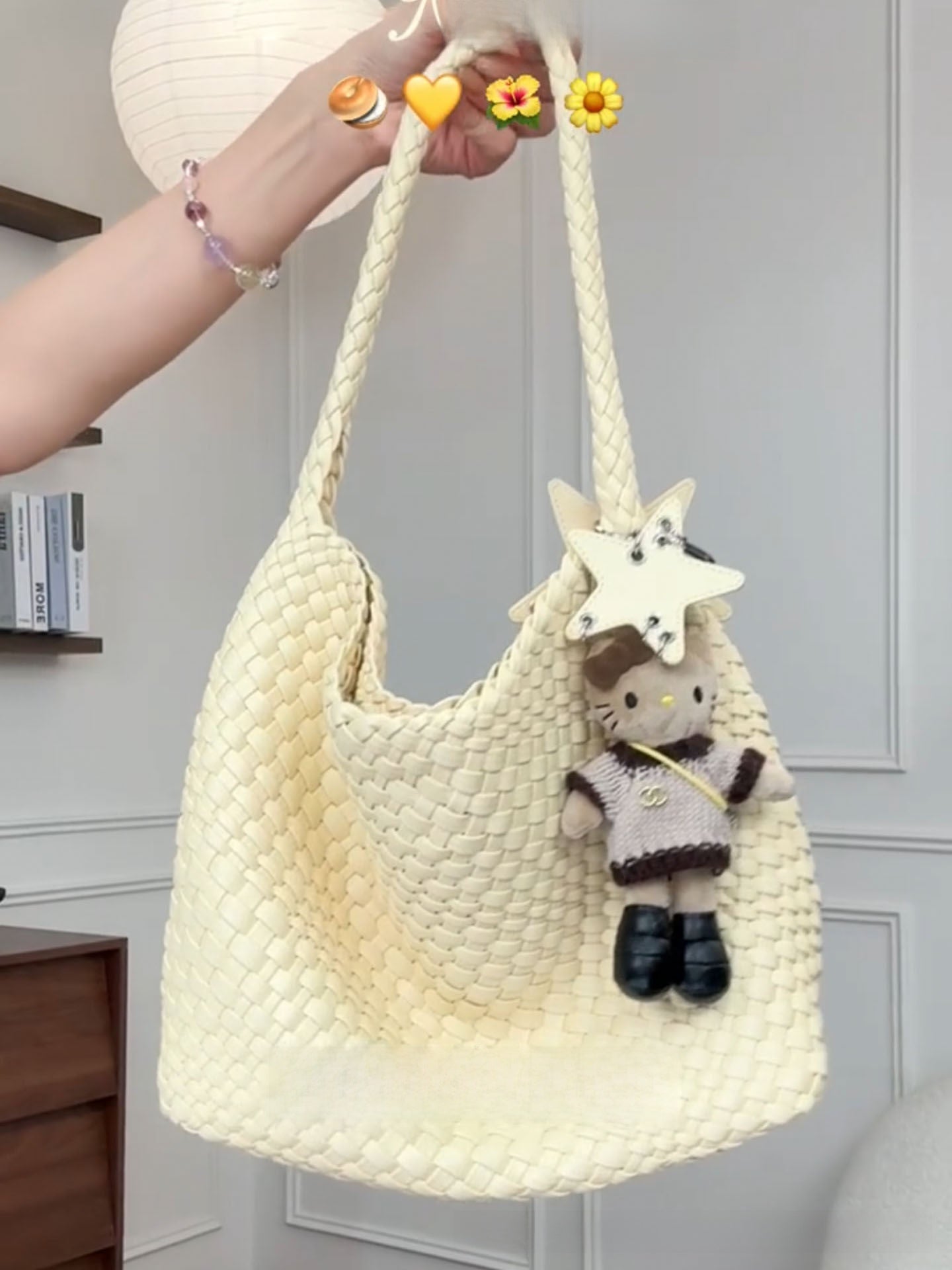 Champagne-colored woven tote bag