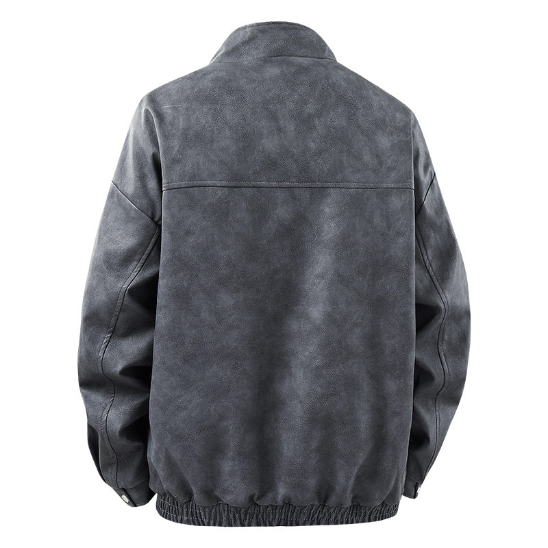 American-style retro spring/autumn long-sleeved leather jacket with collar