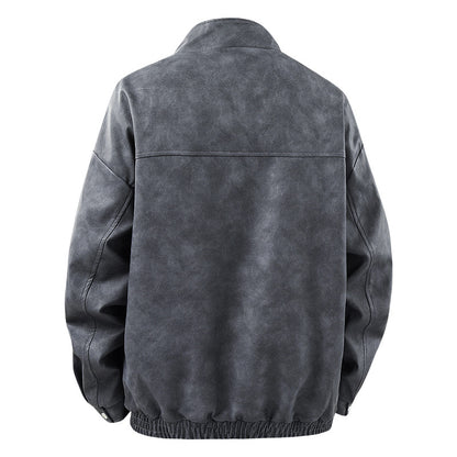 American-style retro spring/autumn long-sleeved leather jacket with collar