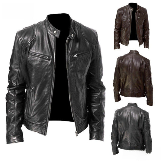 Mens Slim Fit PU Leather Biker Jacket with Zipper Pocket