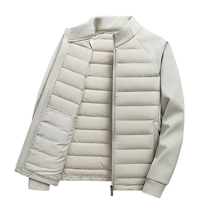 Knit Spliced Men's Down Jacket with Stand Collar