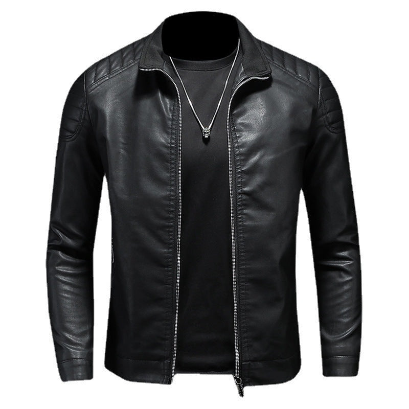 Men's Slim Fit PU Leather Jacket Stand Collar Zipper Coat