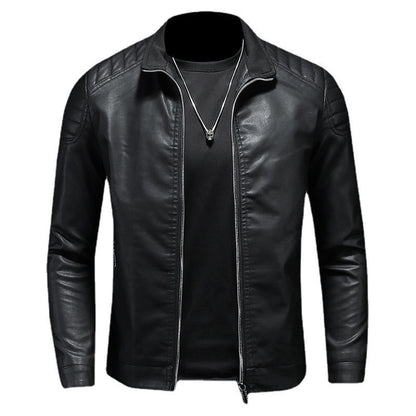 Men's Slim Fit PU Leather Jacket Stand Collar Zipper Coat