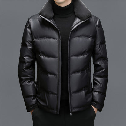 Men's Fleece-Lined Sheepskin Down Jacket with Stand Collar