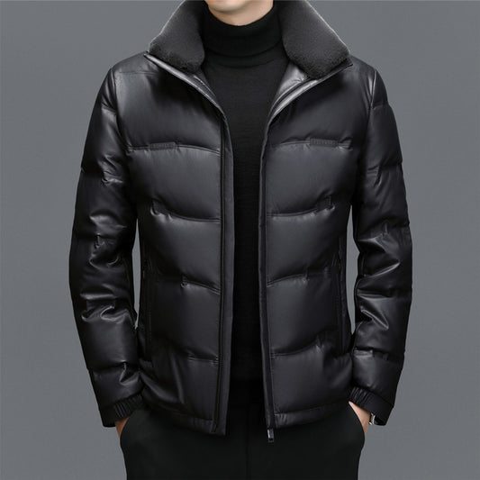 Men's Fleece-Lined Sheepskin Down Jacket with Stand Collar