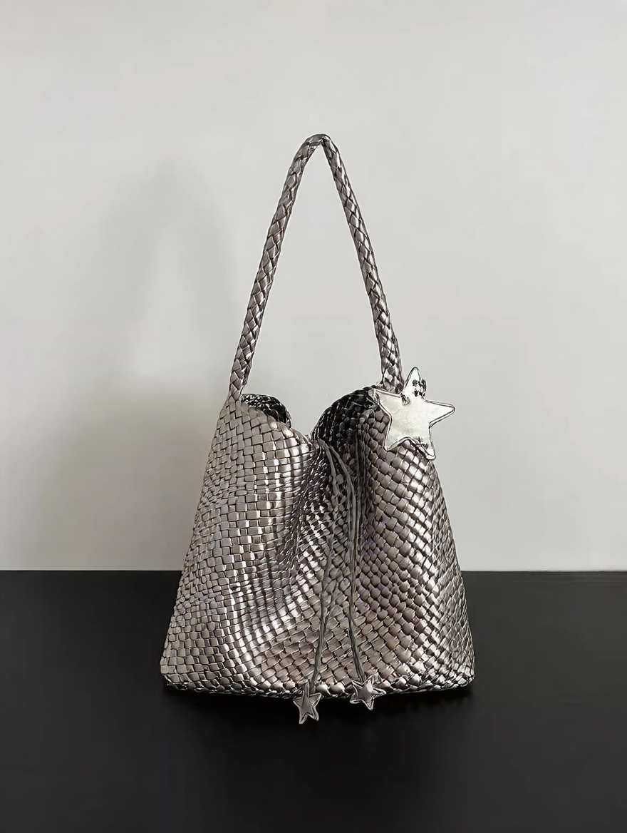 Champagne-colored woven tote bag