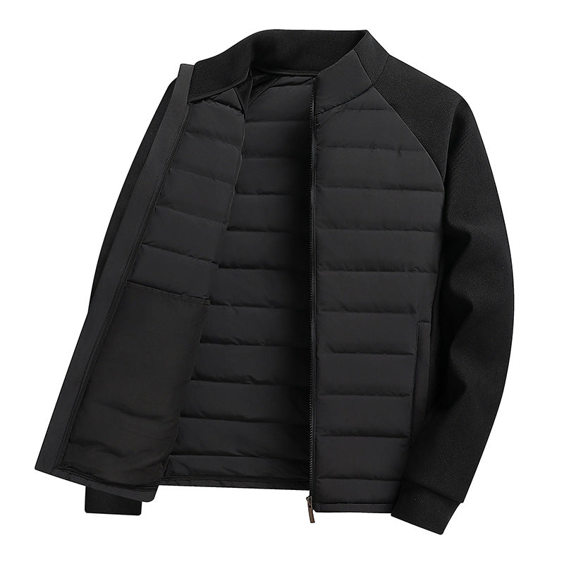 Knit Spliced Men's Down Jacket with Stand Collar