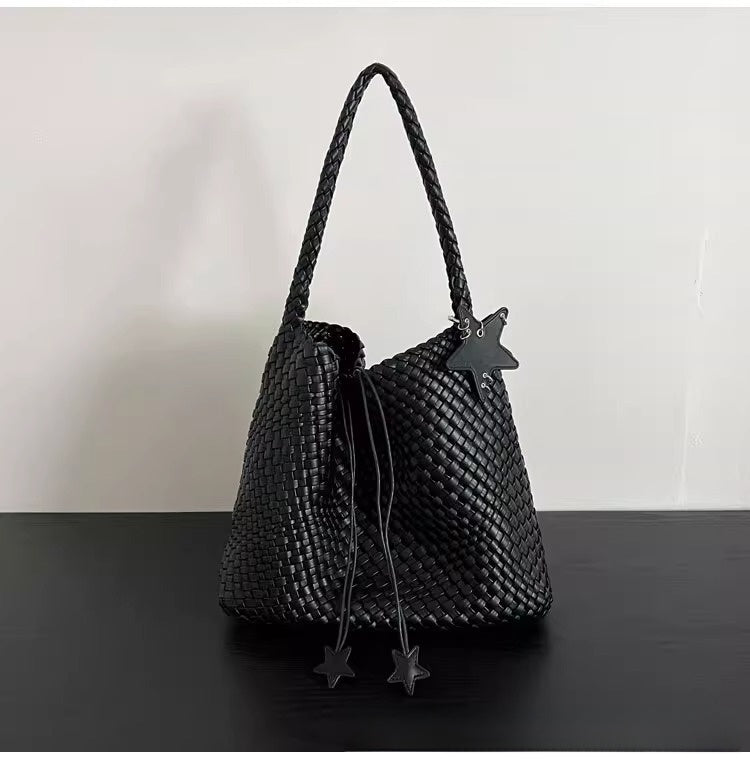 Champagne-colored woven tote bag