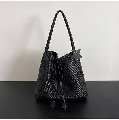 Champagne-colored woven tote bag