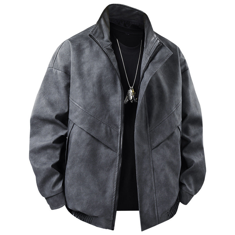 American-style retro spring/autumn long-sleeved leather jacket with collar