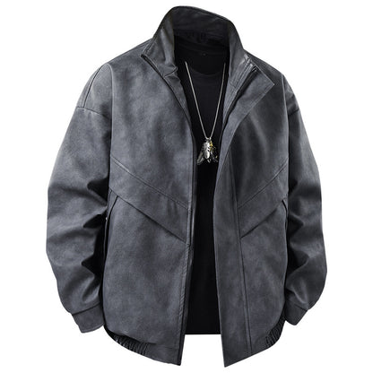 American-style retro spring/autumn long-sleeved leather jacket with collar