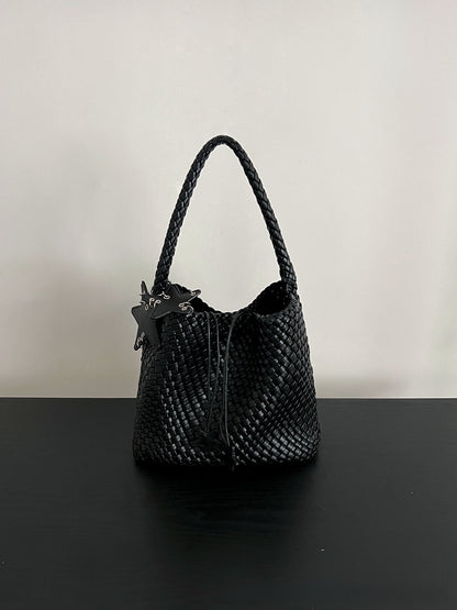 Champagne-colored woven tote bag
