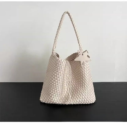 Champagne-colored woven tote bag
