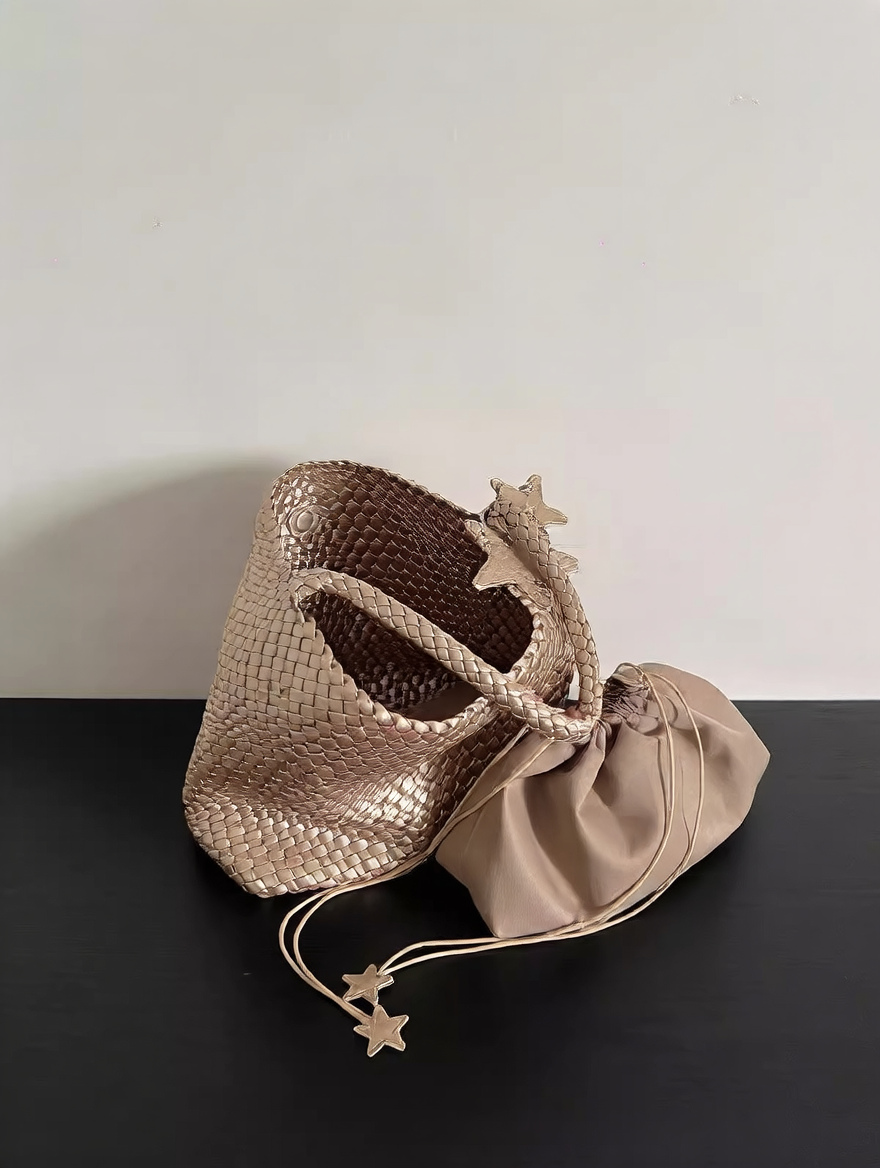 Champagne-colored woven tote bag