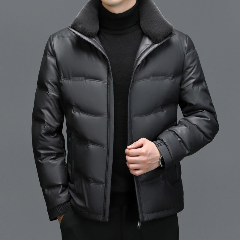 Men's Fleece-Lined Sheepskin Down Jacket with Stand Collar
