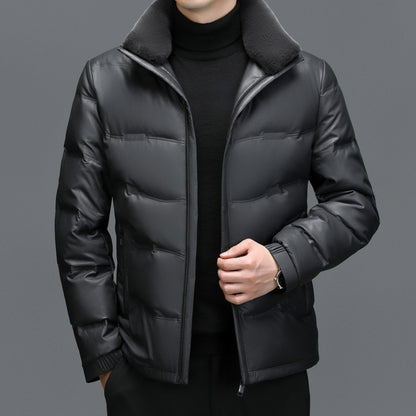 Men's Fleece-Lined Sheepskin Down Jacket with Stand Collar