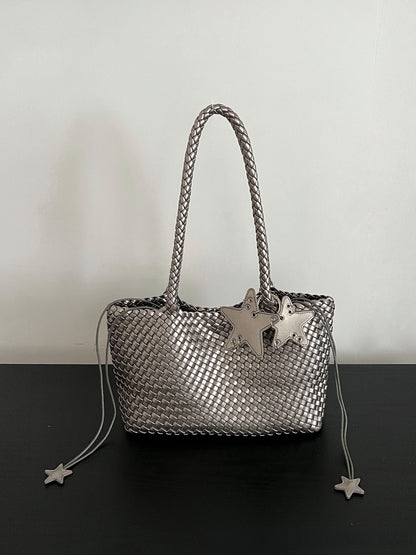 Champagne-colored woven tote bag