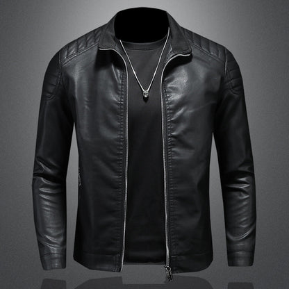 Men's Slim Fit PU Leather Jacket Stand Collar Zipper Coat