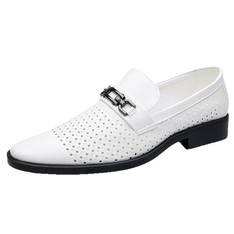 Men's Breathable Hollow Leather Shoes with Metal Buckle