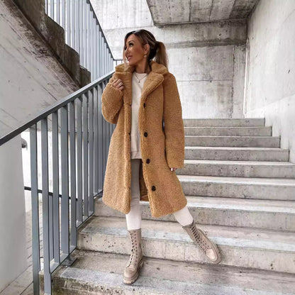 Long Sleeve Lapel Women's Plush Jacket Long Coat