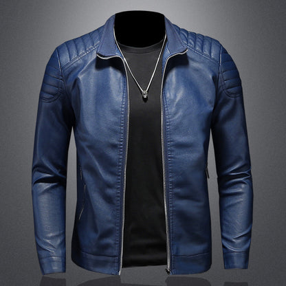 Men's Slim Fit PU Leather Jacket Stand Collar Zipper Coat