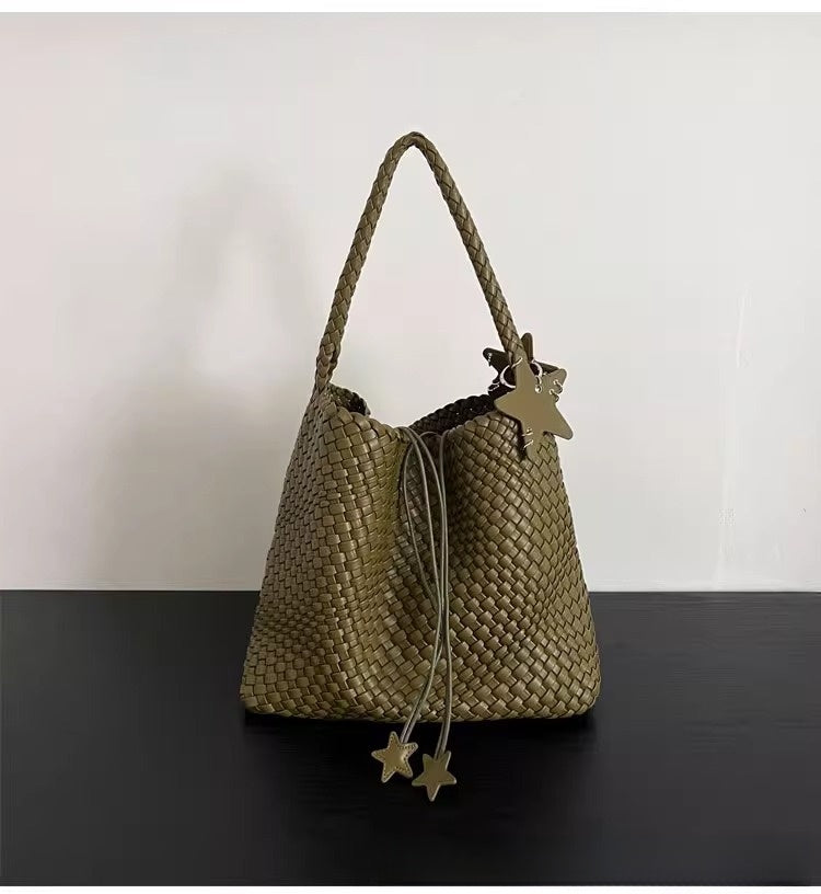 Champagne-colored woven tote bag