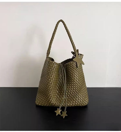 Champagne-colored woven tote bag