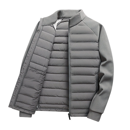 Knit Spliced Men's Down Jacket with Stand Collar