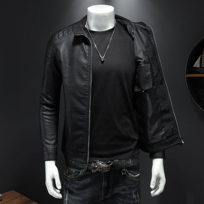 Men's Slim Fit PU Leather Jacket Stand Collar Zipper Coat